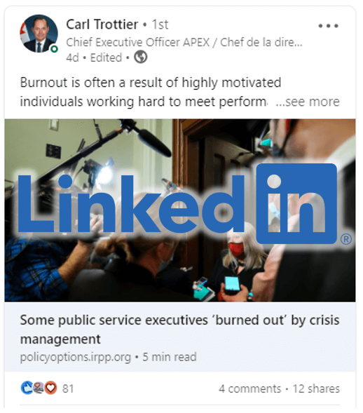 Image of a LinkedIn post Carl Trottier posted about Burnout within the executive cadre
