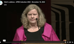 Clerk speech pic Picture of Clerk (Janice Charette) speaking on stage at event