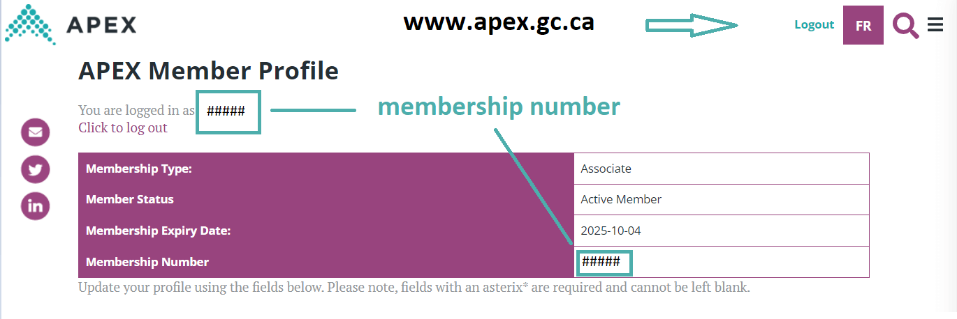 Screenshot showing Member Profile page. Two arrows are pointing to the location of the member number (at the top under the title and in the last cell of the table. )